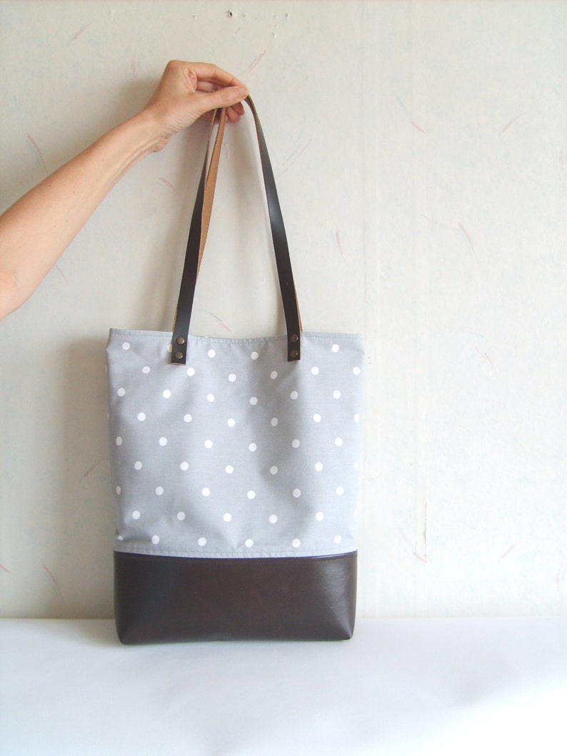 Polka dot tote bag, leather and canvas tote, grey tote bag, real leather handles, real leather strap image 3