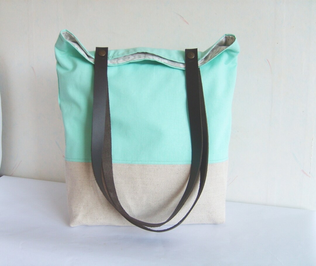 Mint Tote With Leather Straps, Summer Mint Green Bag, Colorblock Linen