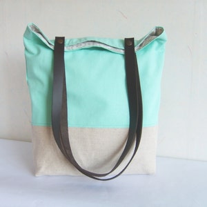 Mint Green Colorblock Tote Bag: Linen & Cotton with Leather Straps