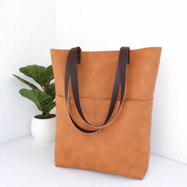 Vegan Leather Tote Bag: Chocolate Brown Shoulder Bag with Pockets