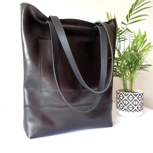 Leather tote bag, Black Full Grain Leather bag, Leather bag with exterior pocket, work office laptop casual everyday shoulder tote bag