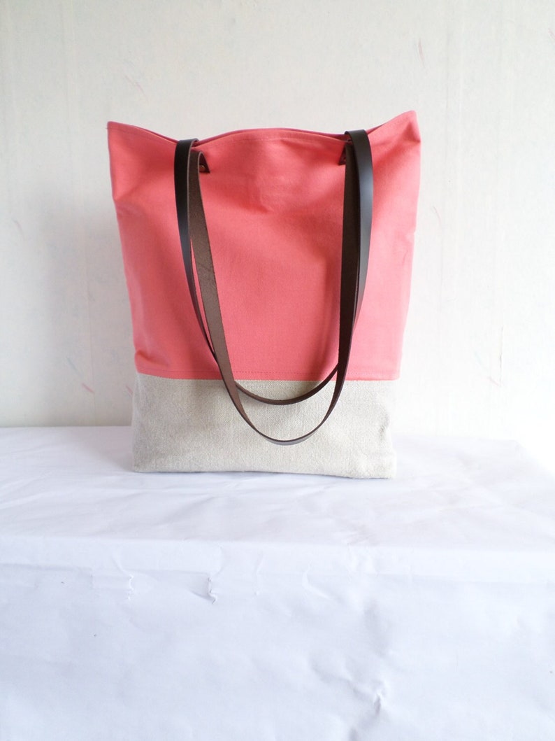 Bolso de mano rosa salmón, bolso de mano de primavera, bolso de mano de color salmón oscuro, bolso de mano de lino y algodón, bolso de mano de playa de verano, bolso de mano de regalo de dama de honor imagen 1