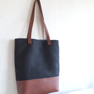 Cotton and leather tote bag, Large everyday casual tote bag, Canvas and vegan leather tote purse, Winter shoulder bag, Black and brown tote image 2