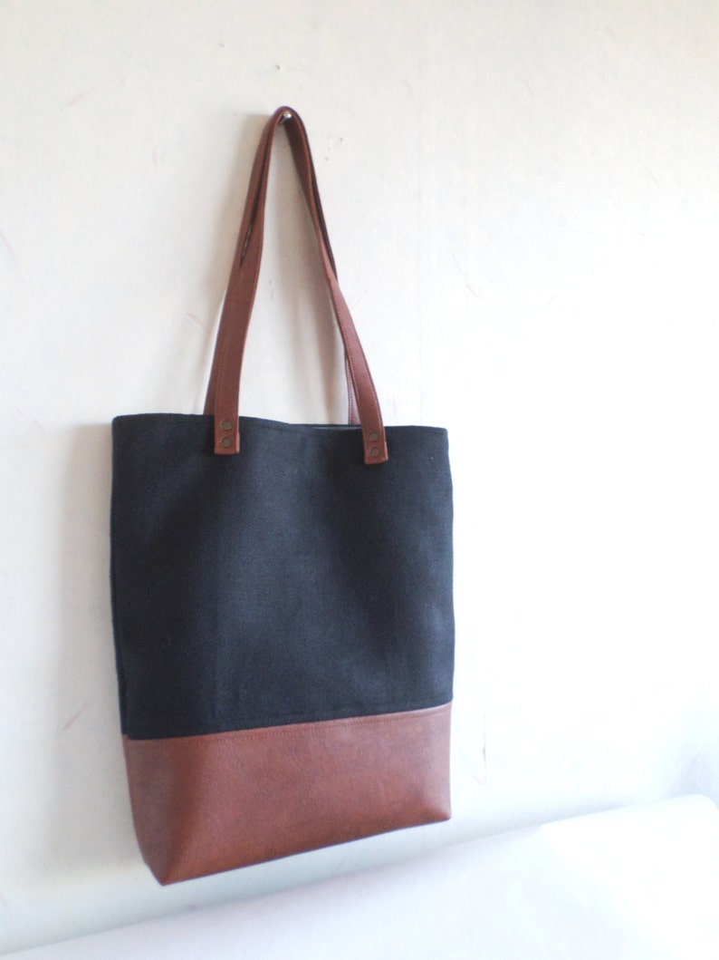 Cotton and leather tote bag, Large everyday casual tote bag, Canvas and vegan leather tote purse, Winter shoulder bag, Black and brown tote image 2