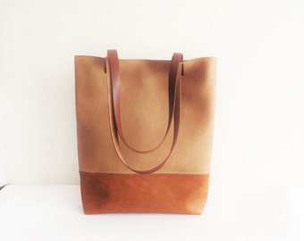 Leder Tragetasche, große Tragetasche, Vegan Leder Tasche, Cognac Braun Tragetasche, Karamell Braun Tragetasche, Toffee Tasche, Schultasche, Büchertasche