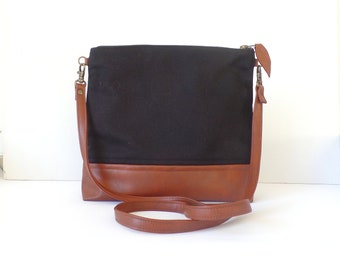 Leather crossbody purse, Vegan leather and cotton crossbody bag, Everyday casual crossbody purse, Caramel brown and black crossbody bag