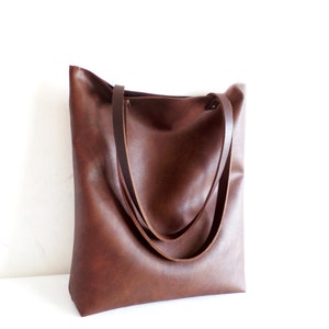 Leather tote bag, Large everyday casual tote bag, Chocolate brown vegan leather tote shoulder bag with real leather handles image 5