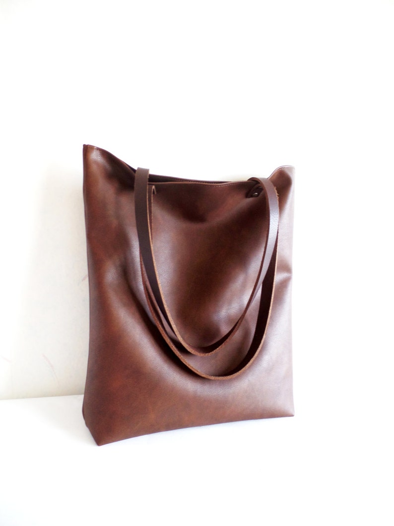 Leather tote bag, Large everyday casual tote bag, Chocolate brown vegan leather tote shoulder bag with real leather handles image 5