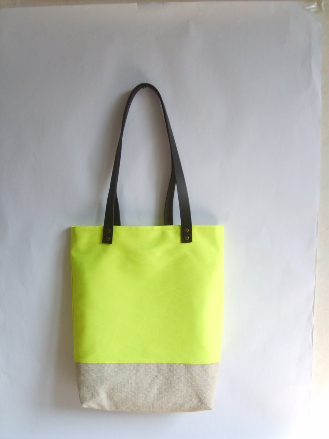 Neon Yellow Tote Bag Leather Handles Beach Bag Large Summer - Etsy