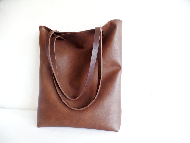 Leather tote bag, Large everyday casual tote bag, Chocolate brown vegan leather tote shoulder bag with real leather handles image 1