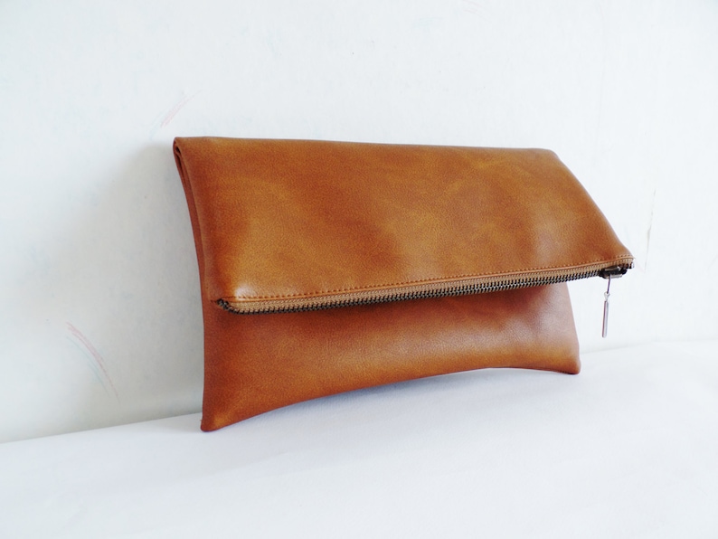 Vegan leather clutch, Leather clutch purse, Cognac brown clutch, Zipper clutch, Foldover clutch, Toffee brown clutch, Honey brown clutch image 2