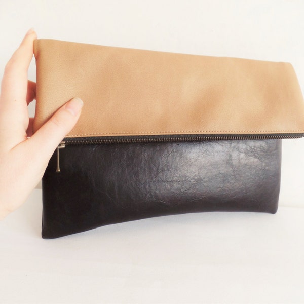 Leather clutch purse, colorblock leather clutch, zippered clutch, vegan leather, fold over clutch, brown, beige clutch purse