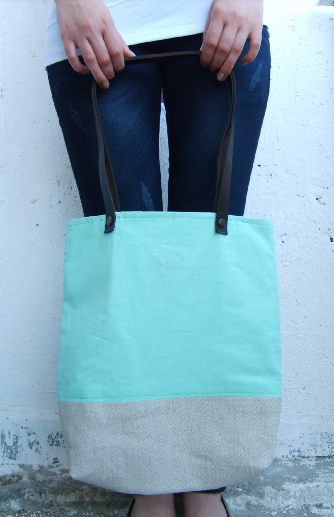 Mint Tote With Leather Straps Summer Mint Green Bag Etsy