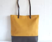 Leather and canvas tote bag, real leather bag, mustard yellow tote bag, real leather handles, shoulder bag, school bag