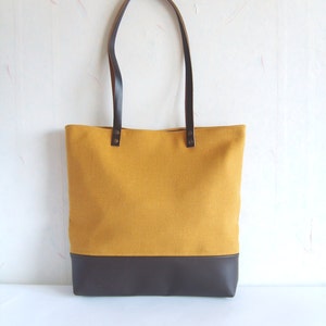 Leather and canvas tote bag, real leather bag, mustard yellow tote bag, real leather handles, shoulder bag, school bag