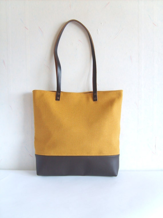 Leather and Canvas Tote Bag Real Leather Bag Mustard Yellow - Etsy