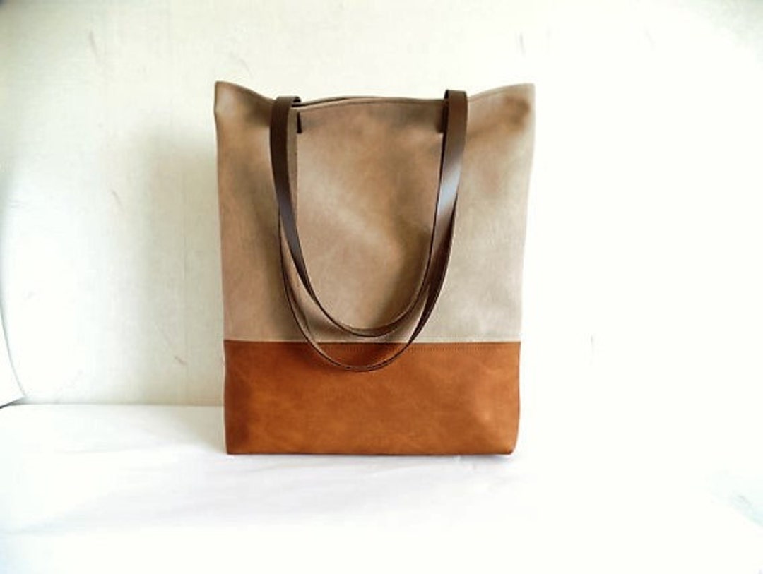 Leather Tote Bag Large Tote Bag Vegan Leather Tote Cognac - Etsy