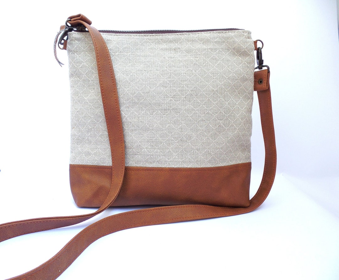 Geometric Print Linen and Leather Crossbody Bag, Vegan Leather