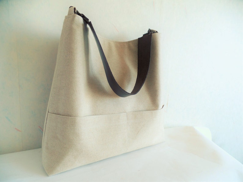 Linnen tote tas, Hobo tote bag, Medium emmer tas tas, Everyday casual zaktas tas, Slouchy schoudertas, Office werk handtas afbeelding 3