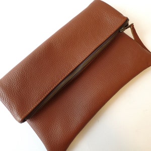 Real leather clutch bag, Genuine leather foldover clutch bag, Simple leather bag, Everyday casual brown clutch bag