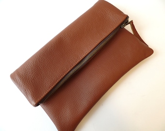 Real leather clutch bag, Genuine leather foldover clutch bag, Simple leather bag, Everyday casual brown clutch bag