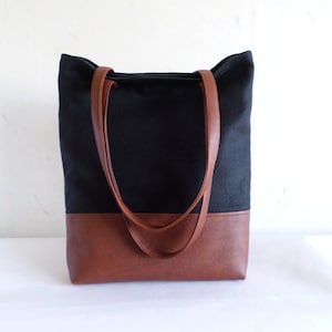 Cotton and leather tote bag, Large everyday casual tote bag, Canvas and vegan leather tote purse, Winter shoulder bag, Black and brown tote