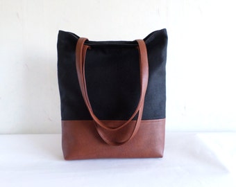 Cotton and leather tote bag, Large everyday casual tote bag, Canvas and vegan leather tote purse, Winter shoulder bag, Black and brown tote