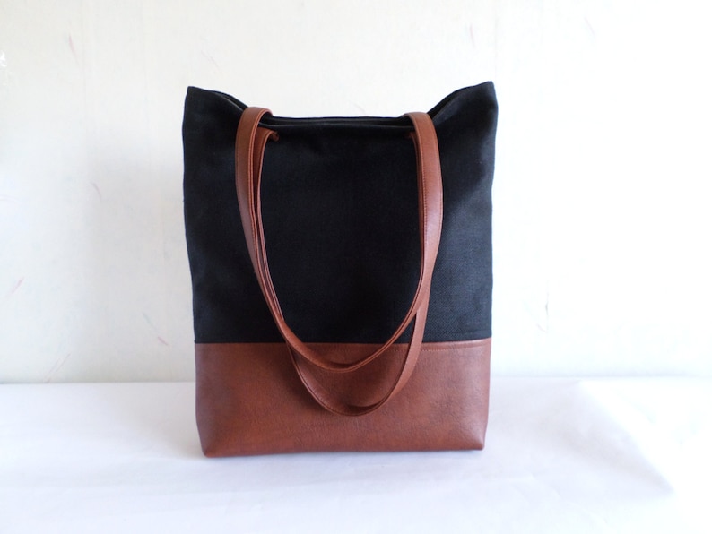 Cotton and leather tote bag, Large everyday casual tote bag, Canvas and vegan leather tote purse, Winter shoulder bag, Black and brown tote image 1