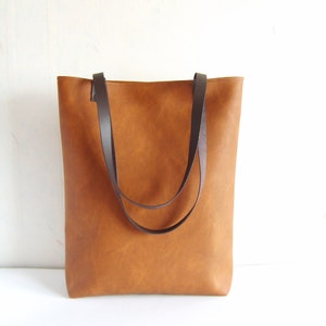 Vegan leather tote bag, Leather shoulder bag, Top handle bag purse, Cognac brown leather bag, Tan vegan bag with real leather handles
