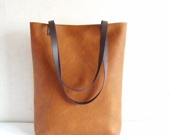 Vegan leather tote bag, Leather shoulder bag, Top handle bag purse, Cognac brown leather bag, Tan vegan bag with real leather handles