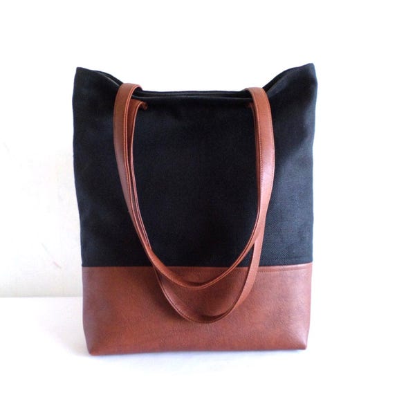 Bolsa tote grande em algodão e couro, bolsa tote casual para o dia a dia, bolsa tote em lona e couro vegano, bolsa de ombro para o inverno, bolsa tote preta e marrom