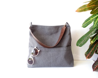 Bolso hobo de lino gris carbón: asa de cuero, bolsillo tipo tote