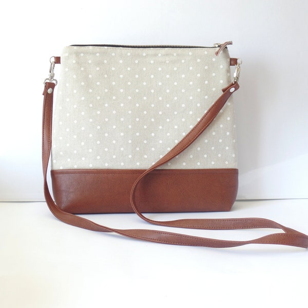 Polka Dot Crossbody Bag: Vegan Leather & Linen Messenger