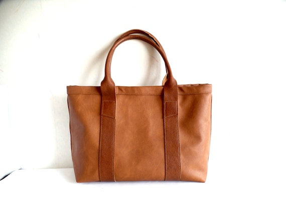 Leather Tote Bag Honey Brown Shoulder Bag Vegan Leather Casual Tote Purse Reinforced With Real Leather Stripes and Real Leather Handles Etsy Canada