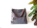 Charcoal Gray Linen Hobo Bag: Leather Handle, Pocket Tote product logo