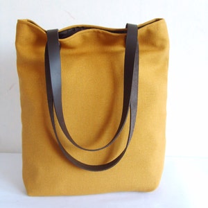 Mustard yellow bag, mustard yellow tote, leather straps, fall shoulder bag, autumn tote image 2
