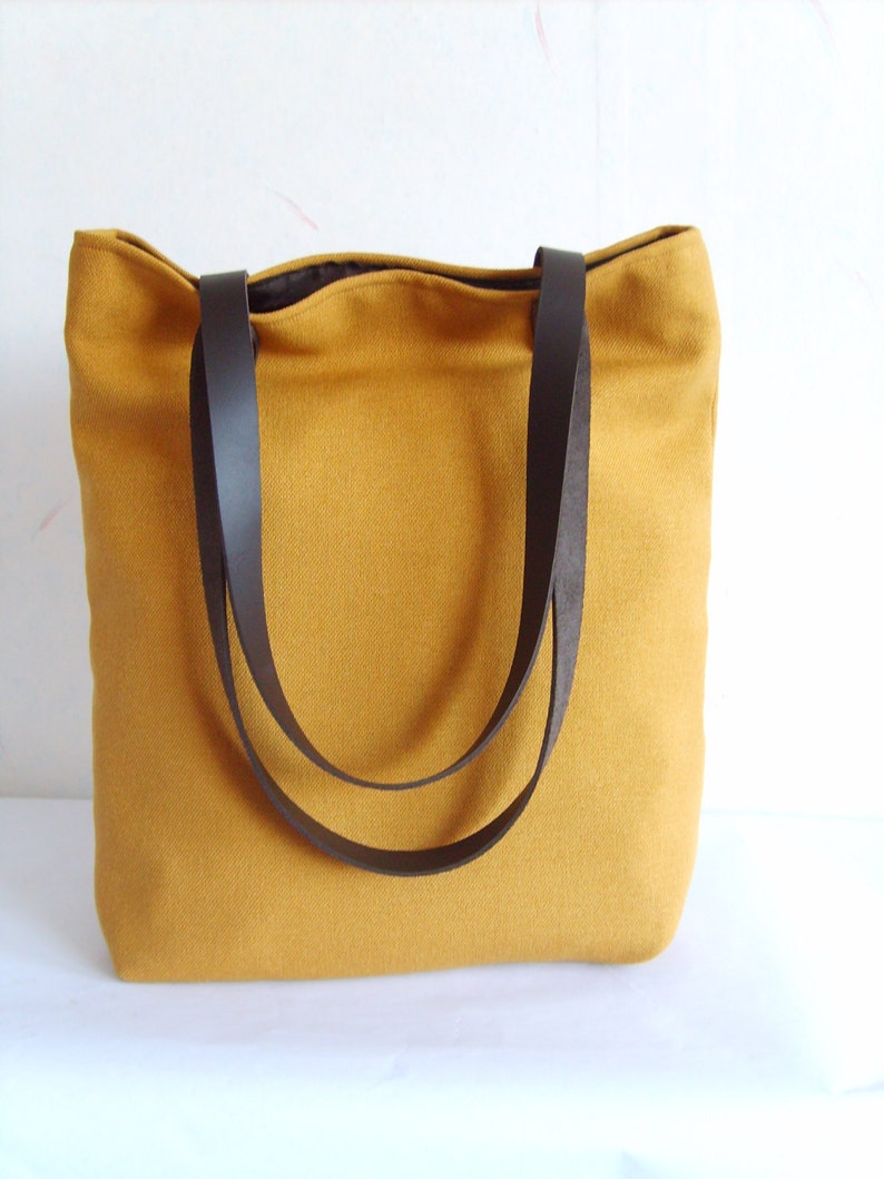 Mustard yellow bag, mustard yellow tote, leather straps, fall shoulder bag, autumn tote image 2