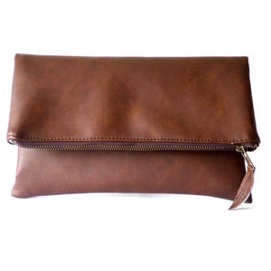 Vegan leather clutch, Leather clutch purse, Cognac brown clutch, Zipper clutch, Foldover clutch, Toffee brown clutch, Honey brown clutch image 6