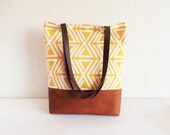 Geometric print tote bag, Triangle print tote bag,  leather and canvas tote, Mustard yellow and cognac brown tote bag, real leather handles