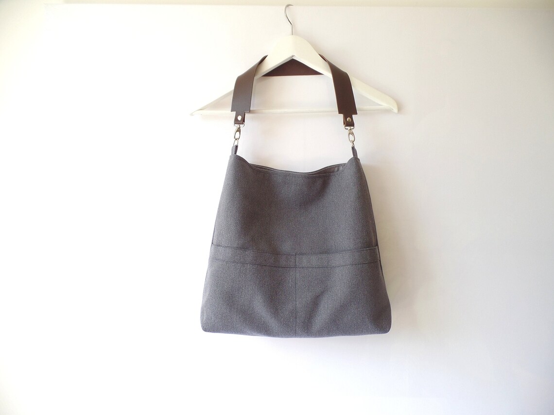 Charcoal Gray Hobo Shoulder Bag With Real Leather Handle Etsy