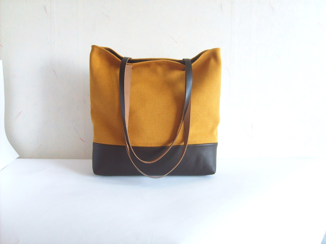 Leather and Canvas Tote Bag Real Leather Bag Mustard Yellow - Etsy