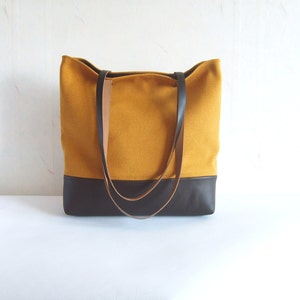 Leather and Canvas Tote Bag Real Leather Bag Mustard Yellow - Etsy