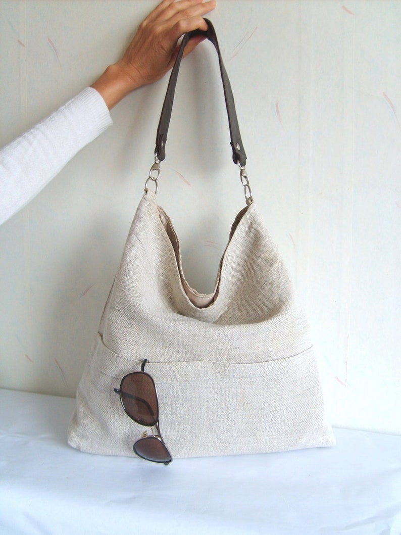 Linen tote bag, Hobo tote bag, Medium bucket bag purse, Everyday casual pocket bag purse, Slouchy shoulder  bag, Office work handbag 