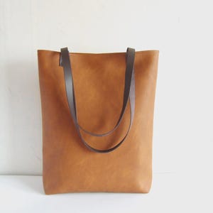 Cognac Brown Vegan Leather Tote Bag with Real Leather Handles, Tall Leather Tote Bag, Casual Leather Shoulder Purse, Simple Leather Tote Bag