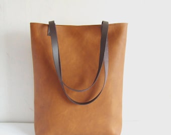 Cognac Brown Vegan Leather Tote Bag with Real Leather Handles, Tall Leather Tote Bag, Casual Leather Shoulder Purse, Simple Leather Tote Bag