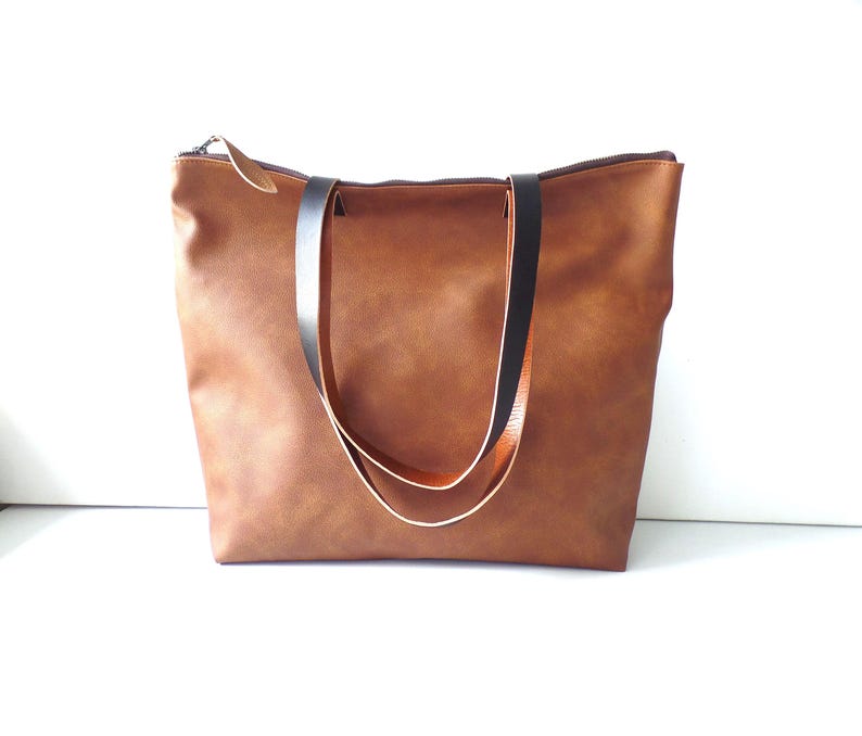 Cognac Brown Vegan Leather Tote Bag: Oversized Carryall with Zipper Cognac brown