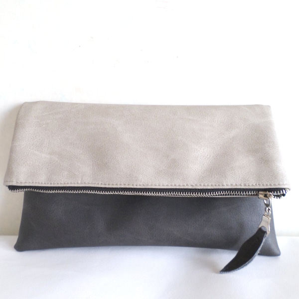 Pochette in pelle, Pochette in ecopelle vegana, Borsa a cerniera pieghevole con cerniera grigio antracite e grigio chiaro