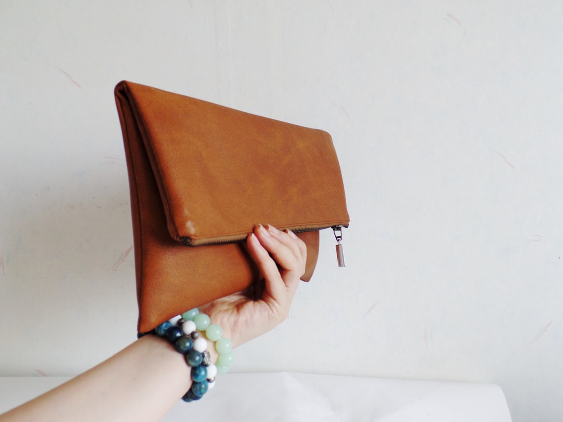 Vegan Leather Clutch Leather Clutch Purse Cognac Brown Etsy UK