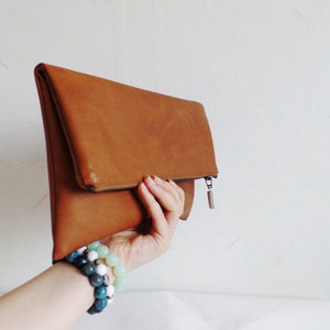 Vegan leather clutch, Leather clutch purse, Cognac brown clutch, Zipper clutch, Foldover clutch, Toffee brown clutch, Honey brown clutch image 3