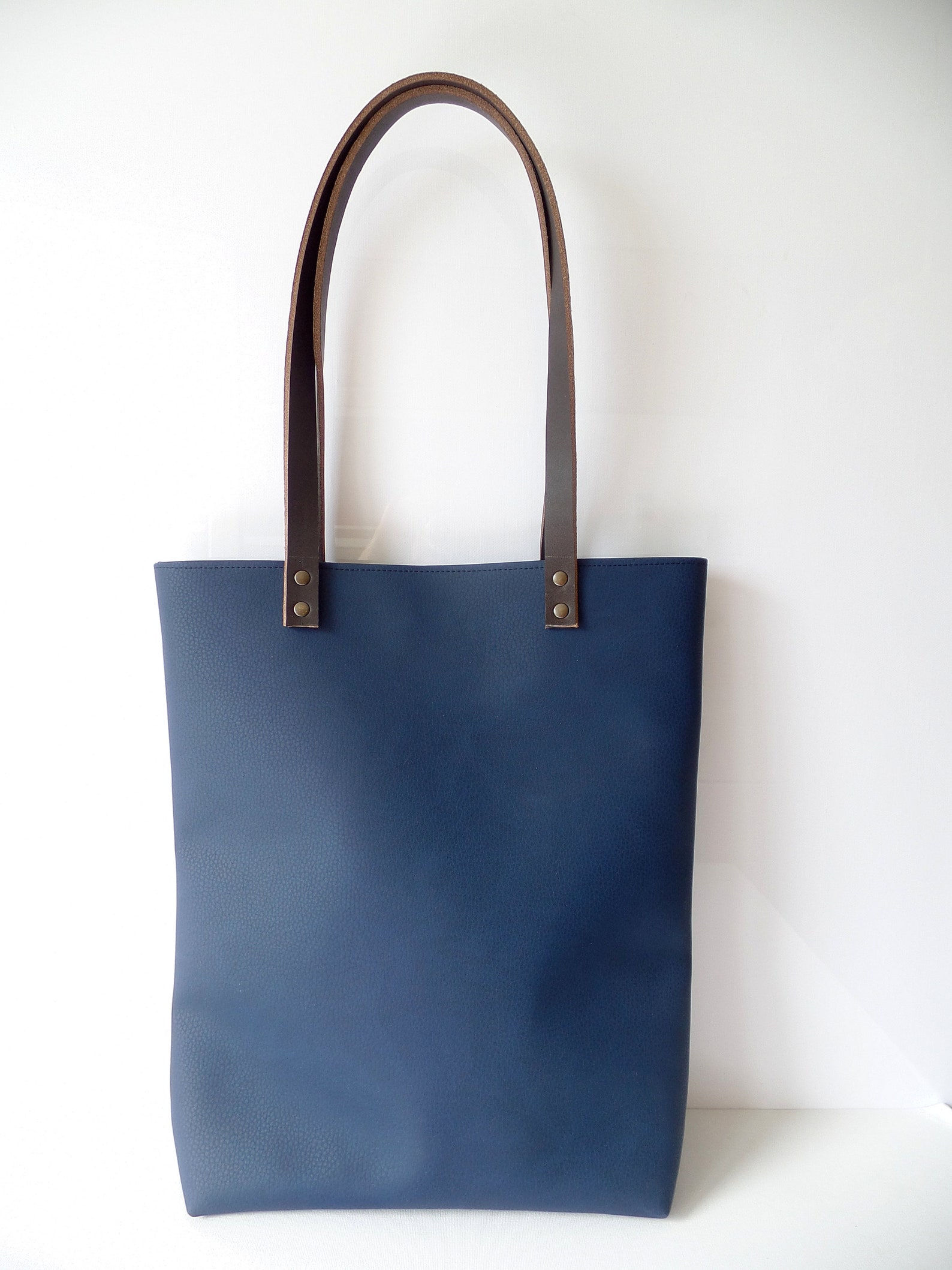 Navy Blue Vegan Leather Tote Bag Vegan Leather Shoulder Bag Etsy